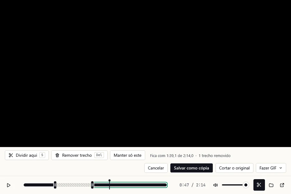 O player do Capturei com os pontos de corte na linha do tempo